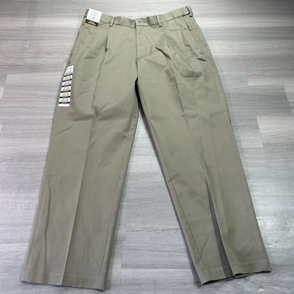 NEW Haggar Iron Free Premium Khaki Pants Mens 34x29 Beige Pleated Classic Fit